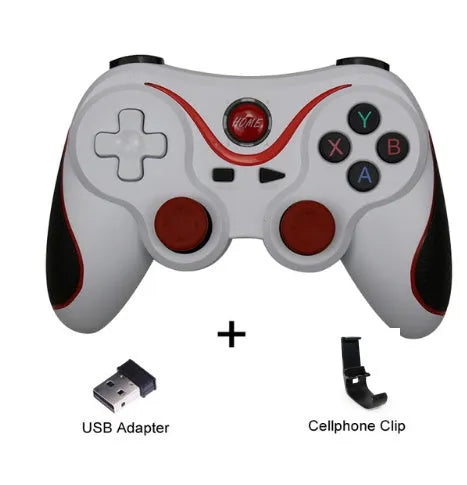 Black and white X3 version wireless Bluetooth game controller for Android phones with mobile phone clip.