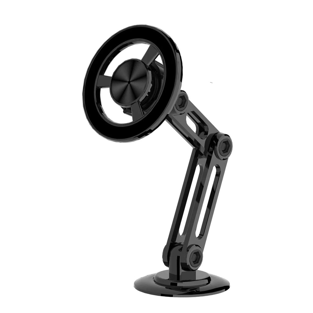 All-metal magnetic car phone holder in black, silver, gold, and rose gold with magnetic rings and adhesive pads
