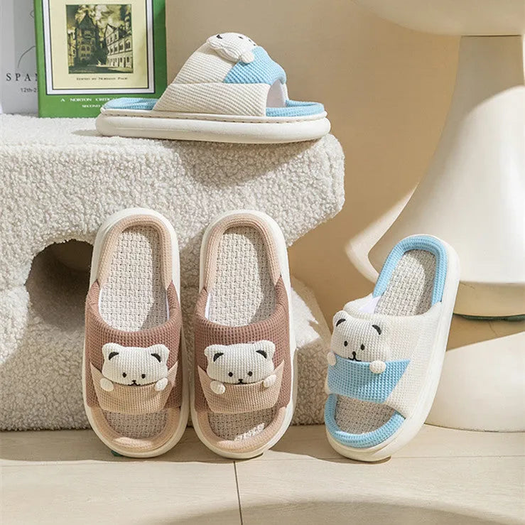 Cute cartoon bear design thick-soled linen slippers for women in blue, green, pink options