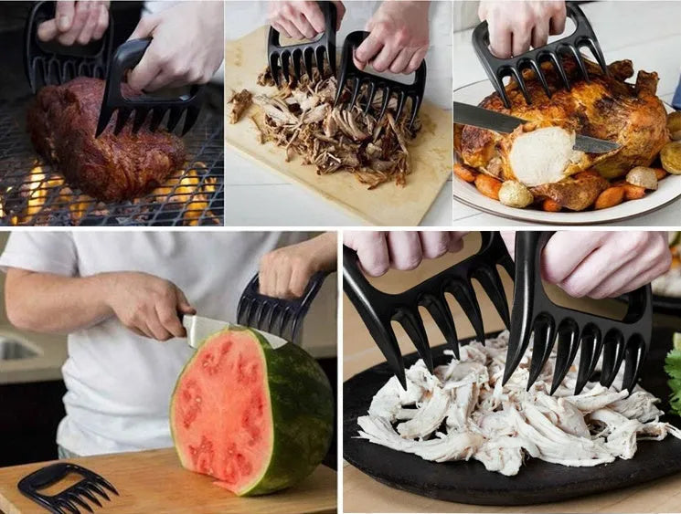 Two black bear claw meat shredders for barbecue preparation on kitchen counter