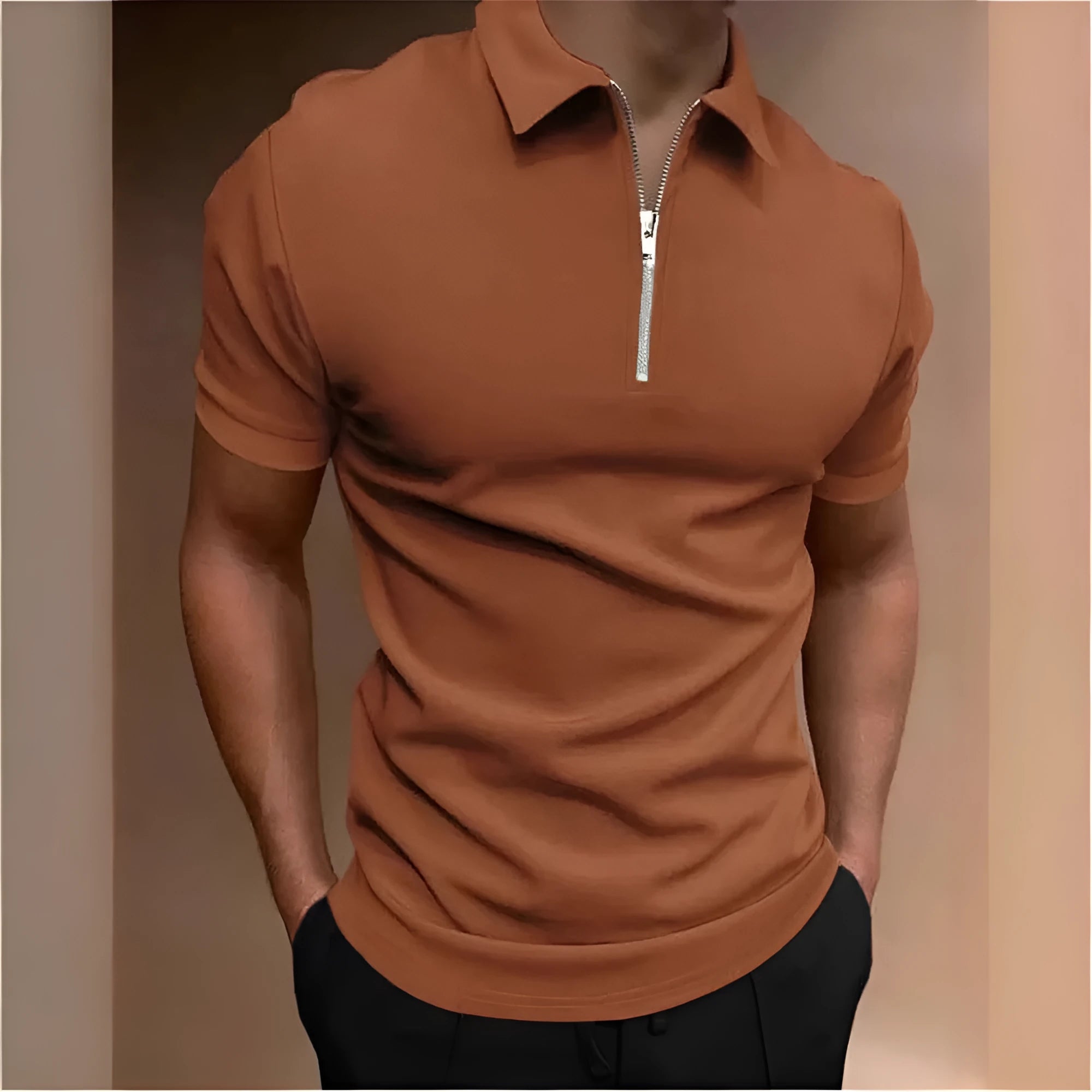 Men's casual polo shirt in polyester blend fabric available in multiple colours with loose fit and short sleeves