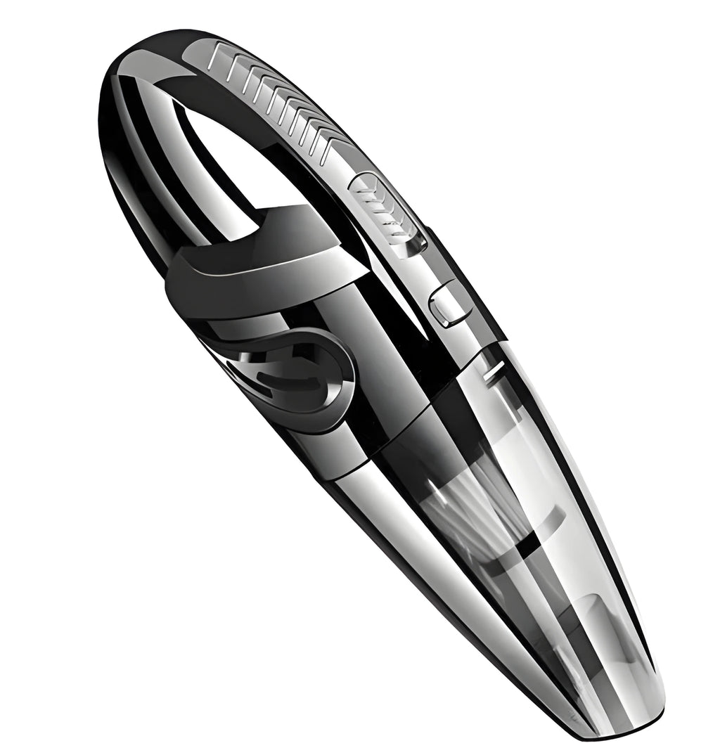 Black cordless handheld car vacuum with crevice nozzle and dust brush on grey background