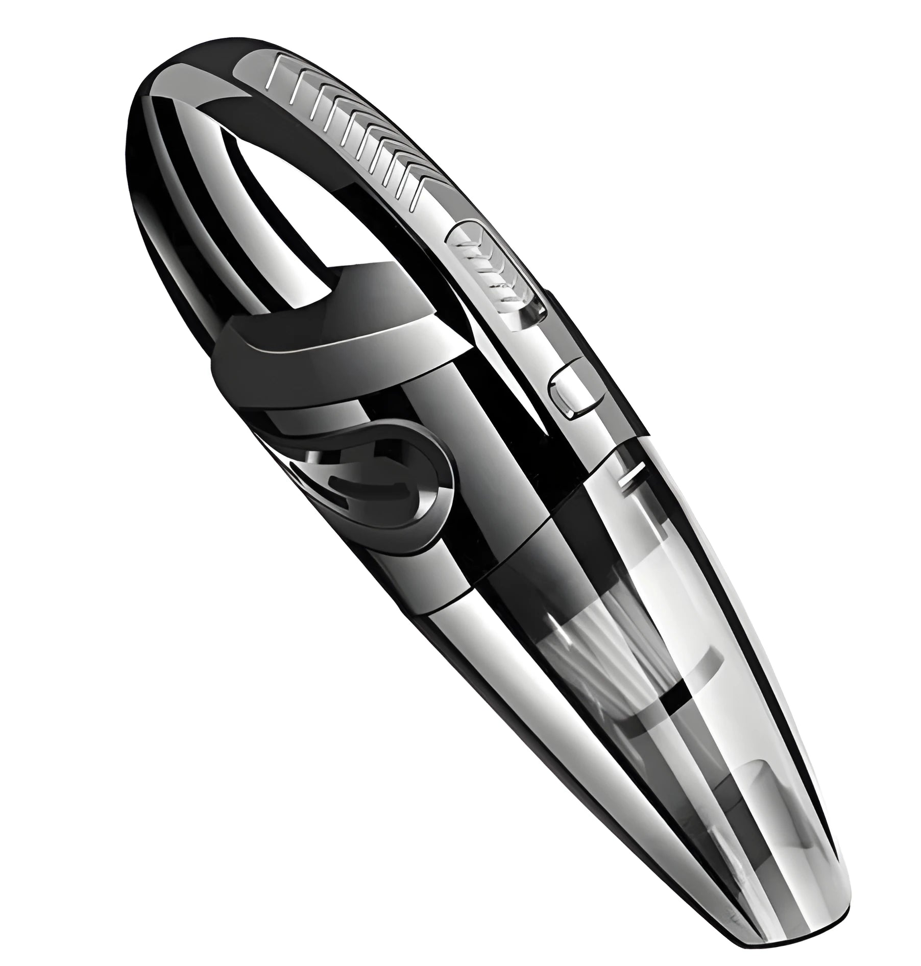 Black cordless handheld car vacuum with crevice nozzle and dust brush on grey background