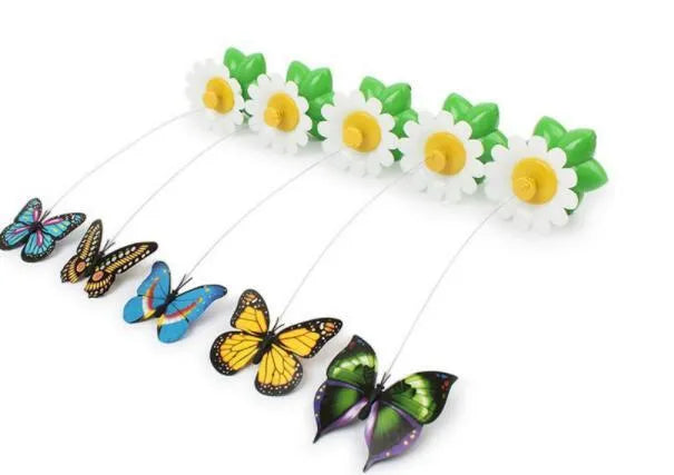 Electric automatic rotating white flower with green leaves and colourful butterfly on 21cm steel wire