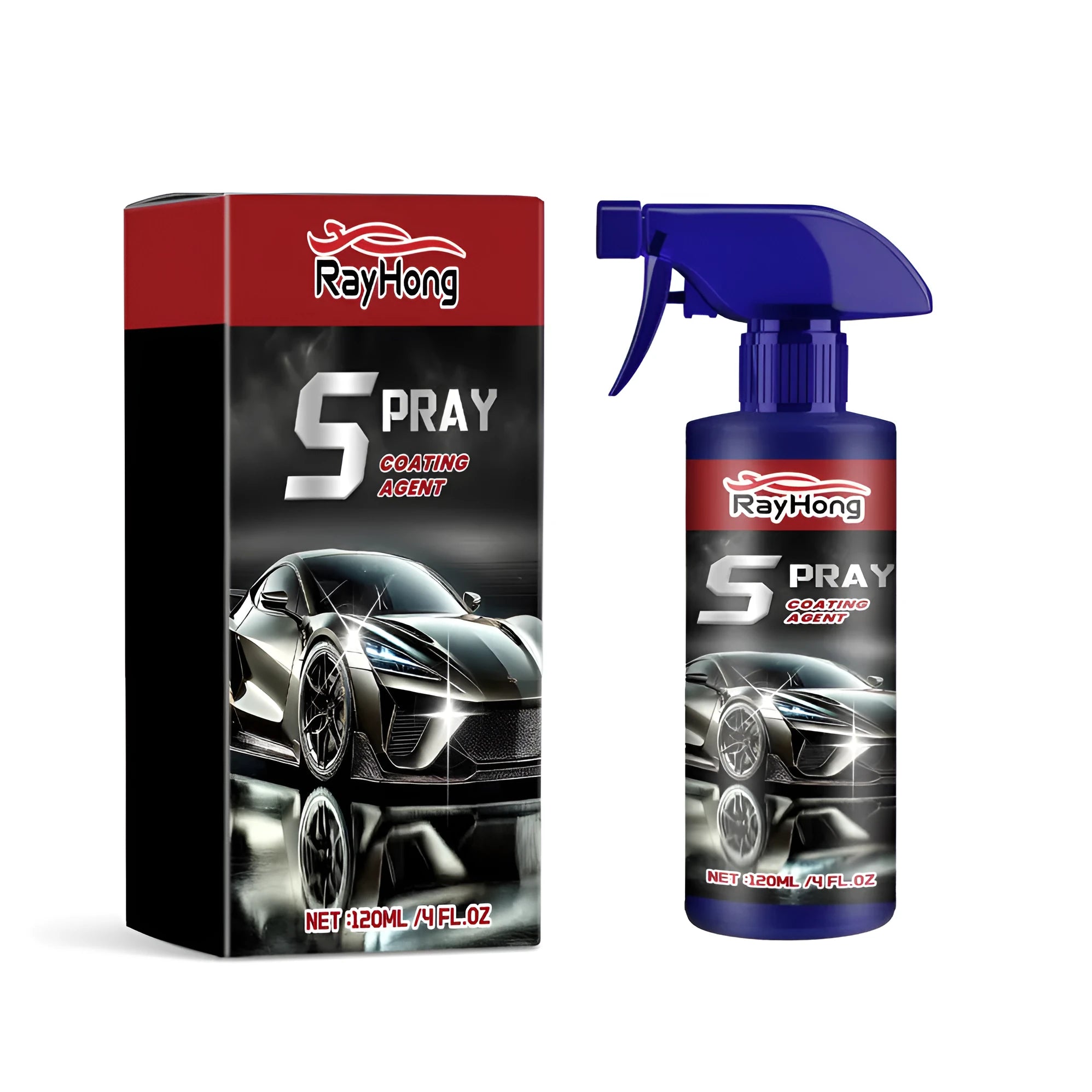Silver aerosol can of Auto Refresh spray car coating with high-gloss beading water on blue car paint.