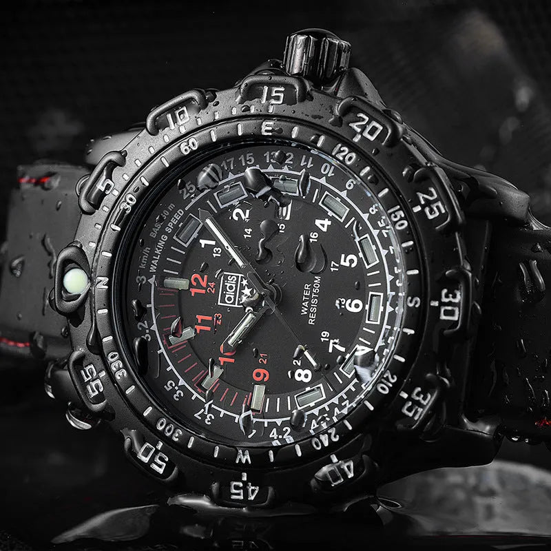 Men military watch with black dial, silicone band, and luminous hands on white background
