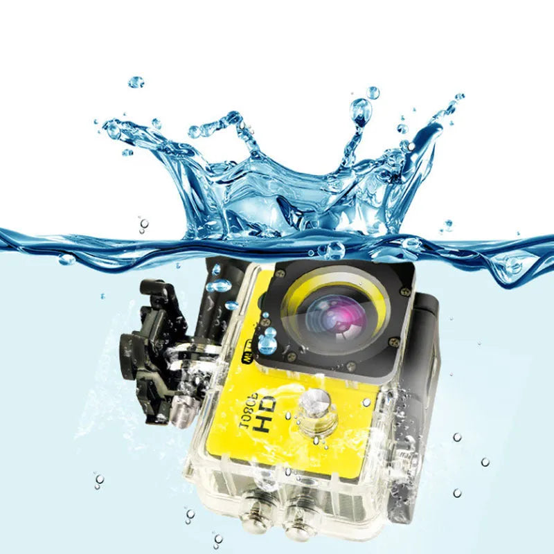 Waterproof sports camera 480P in black with LCD screen and waterproof case