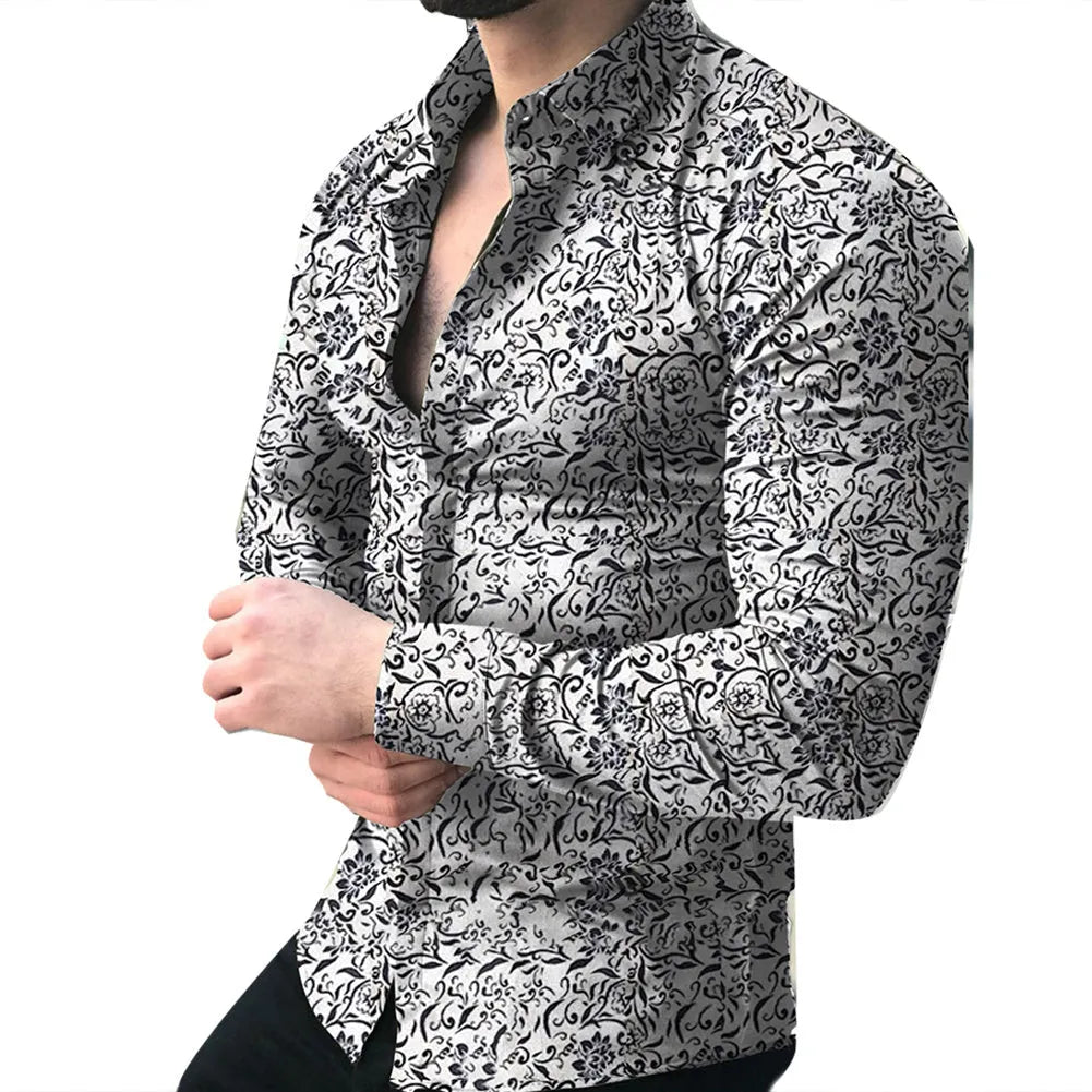 Lapel printed long-sleeved casual floral shirt in white with floral pattern, front view