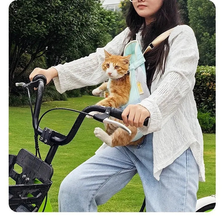 Soft polyester pet backpack with transparent window panel showing cat inside, front pocket, and adjustable straps