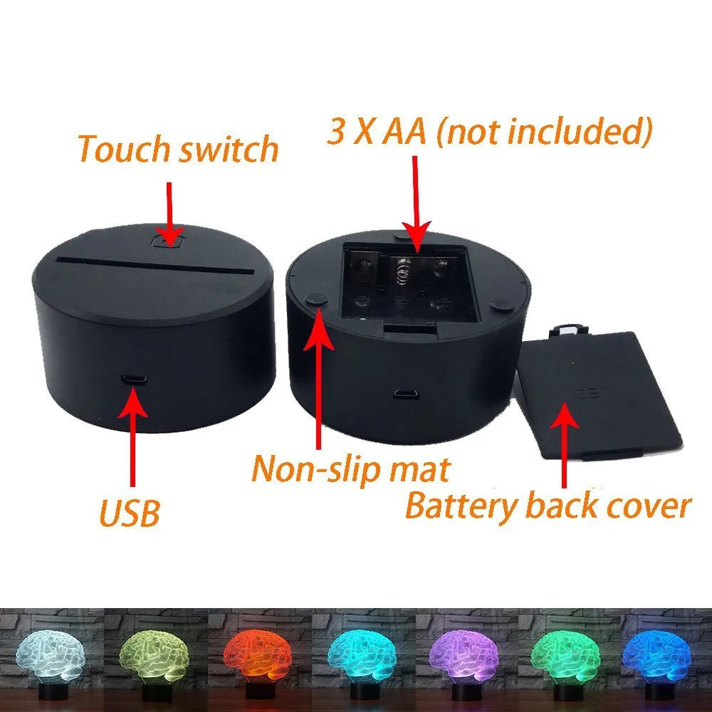 3D brain illusion acrylic LED desk lamp with remote control on a wooden table