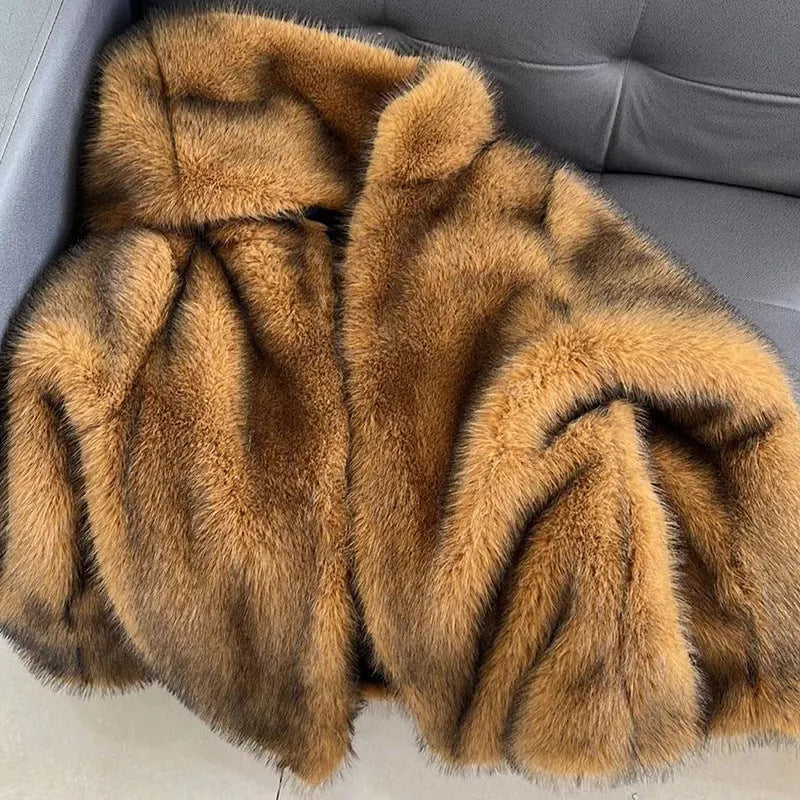 Silver grey loose-fitting artificial fur coat for women, mid-length style.