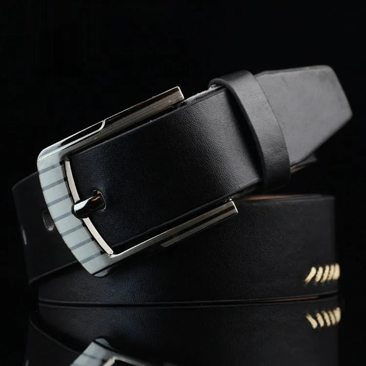 Men's threading pattern belt with pin buckle in black, brown, and white colour options