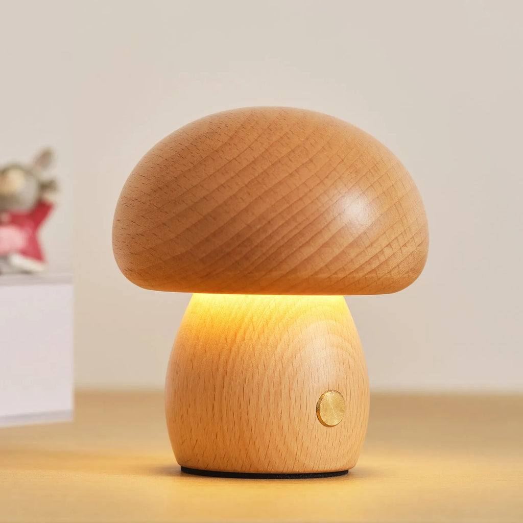 Solid wood mushroom ambience LED table lamp in natural beech colour with button switch