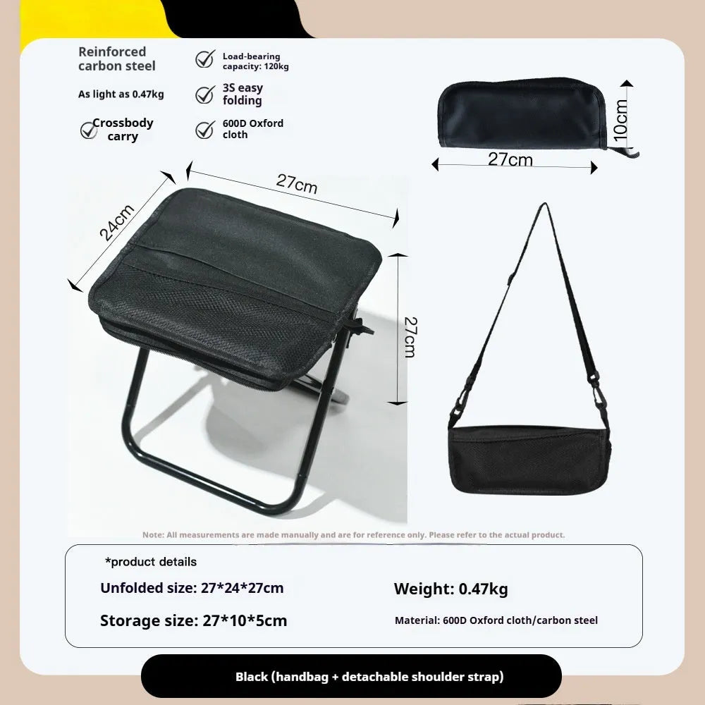 A folded Oxford cloth camp stool in a pencil box design, shown in khaki colour.