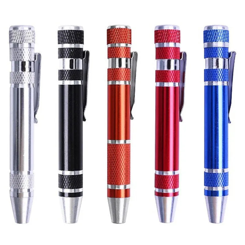 8-in-1 aluminium alloy screwdriver pen set in various colours with chrome vanadium steel shaft