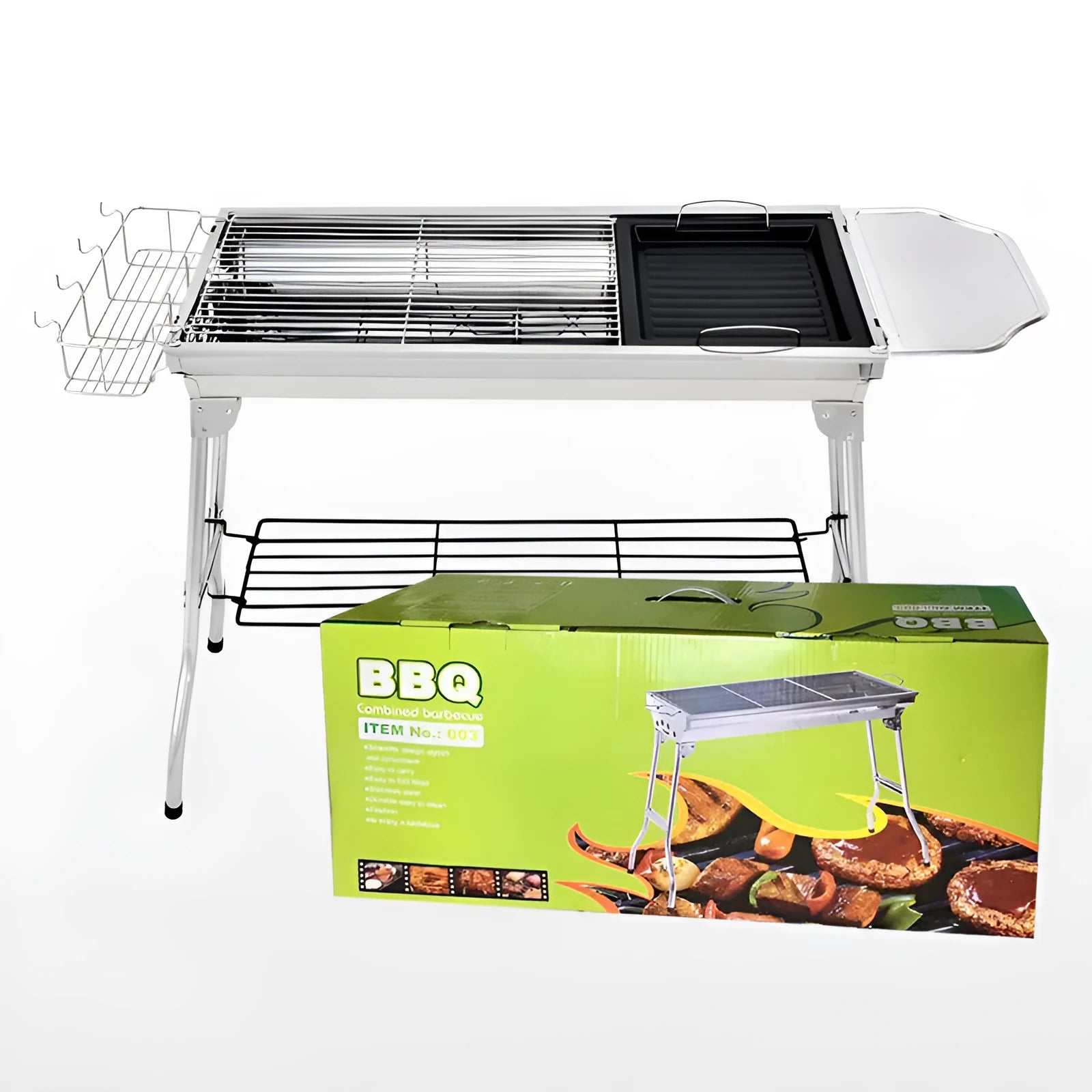 Large stainless steel flip charcoal barbecue oven with checked iron grills