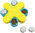 Yellow interactive dog puzzle feeder bowl with rotating lids on a non-slip base.