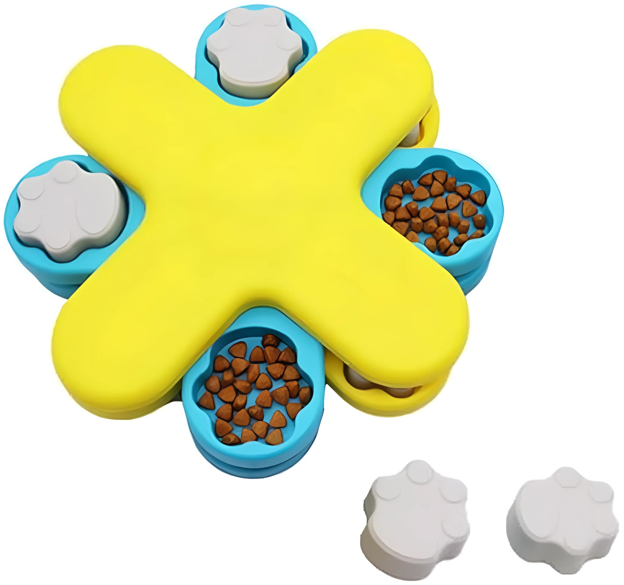 Yellow interactive dog puzzle feeder bowl with rotating lids on a non-slip base.