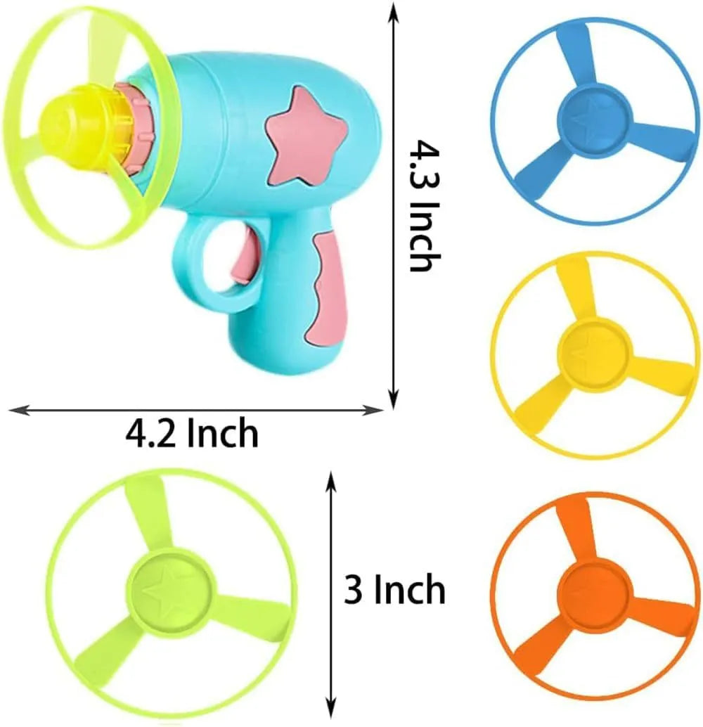 Blue interactive cat toy gun with a plastic frisbee, for indoor cat play.