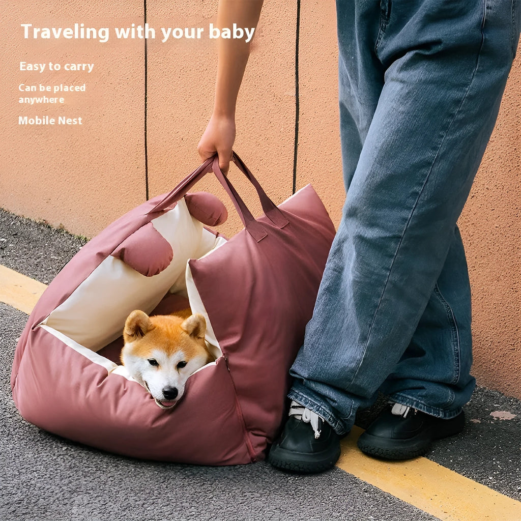 Removable washable car kennel for dogs in beige colour options, shown in a vehicle boot.
