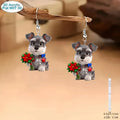 Flat cartoon schnauzer dog acrylic earrings in Christmas style on a white background