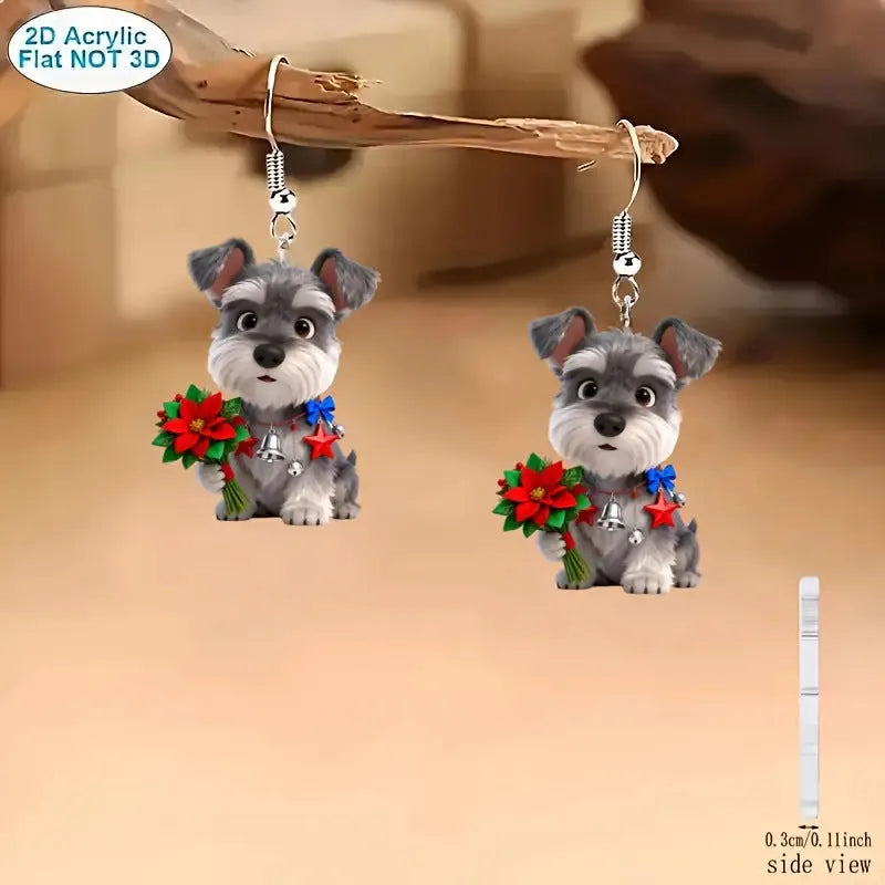 Flat cartoon schnauzer dog acrylic earrings in Christmas style on a white background
