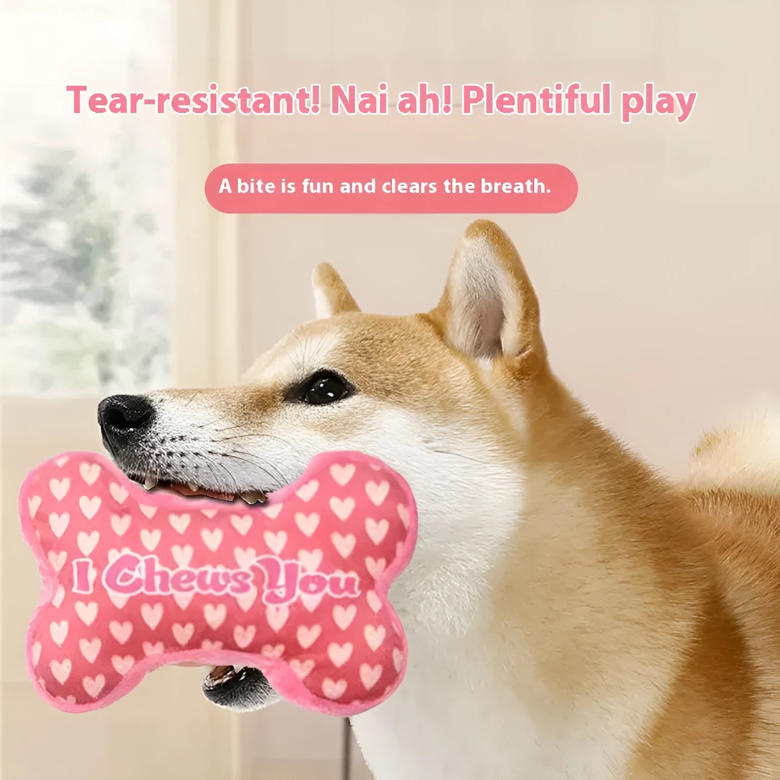 Vocalising plush dog chew toy in peach heart pink colour for dental play and bite resistance.