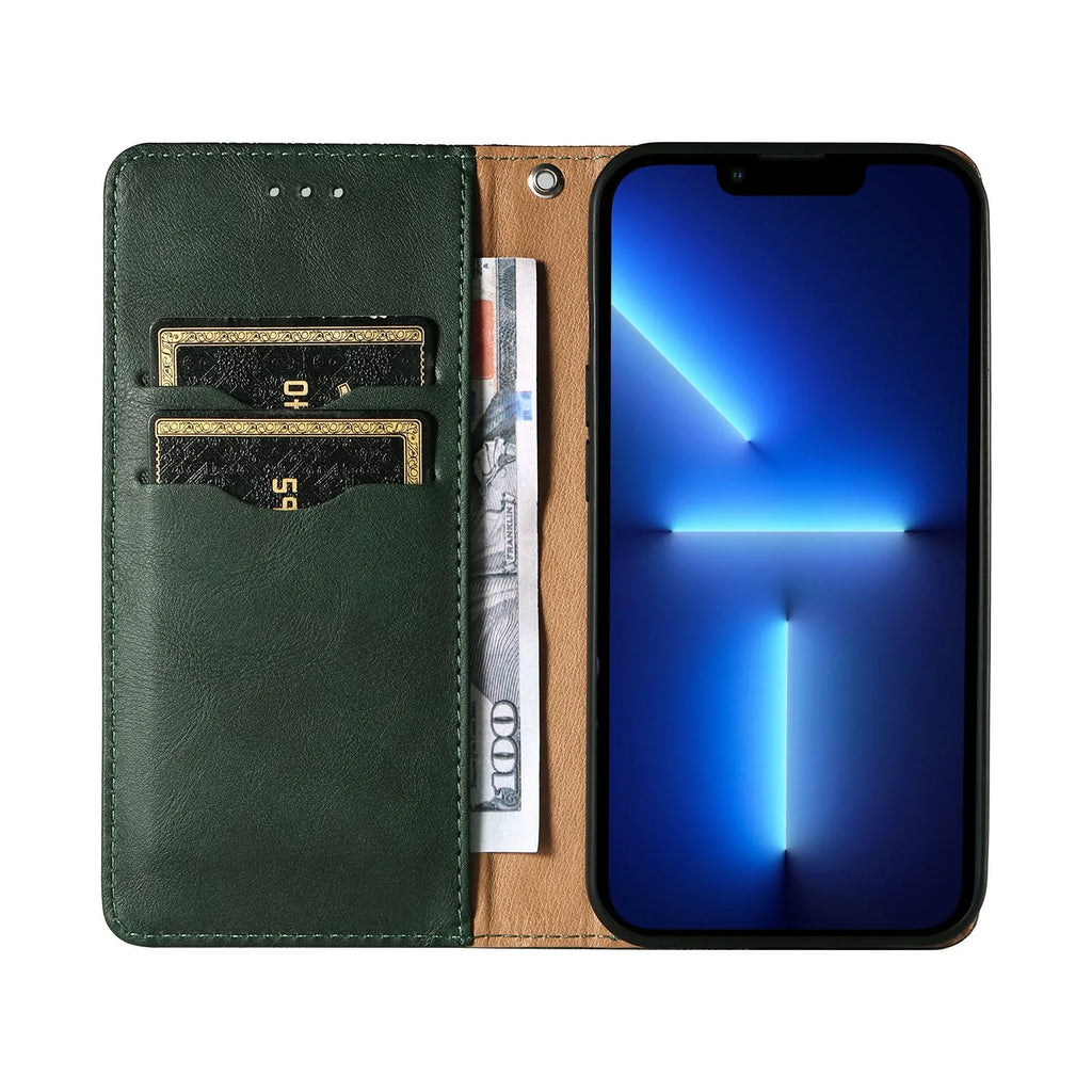 Embossed leather flip phone case for iPhone showing texture detail and flip cover design