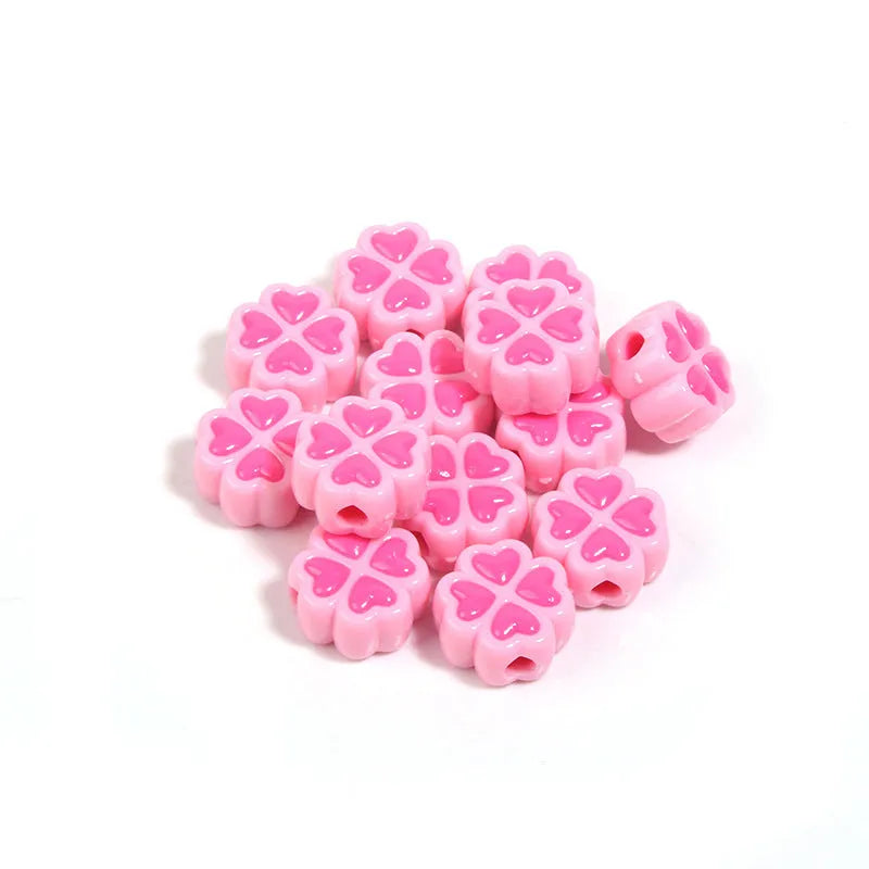 15mm frosted acrylic four-leaf clover love beads in mixed colours including pink, blue, and green