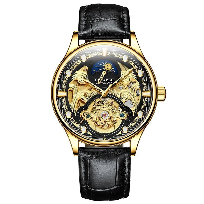Men's gold leather strap automatic mechanical watch with analogue dial on wrist.