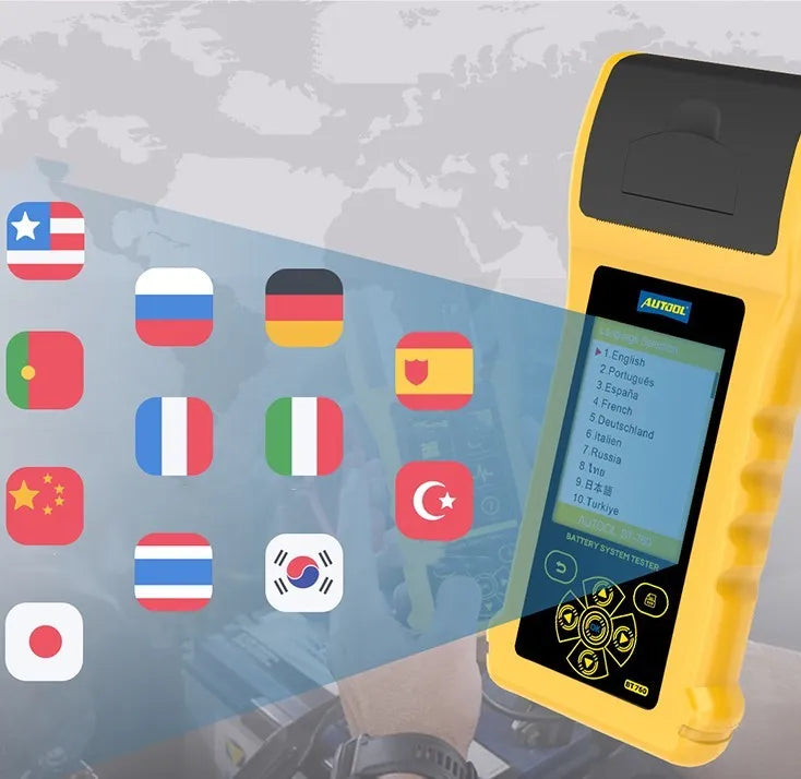 Autool BT760 vehicle battery tester with colour screen and red and black connection clips.