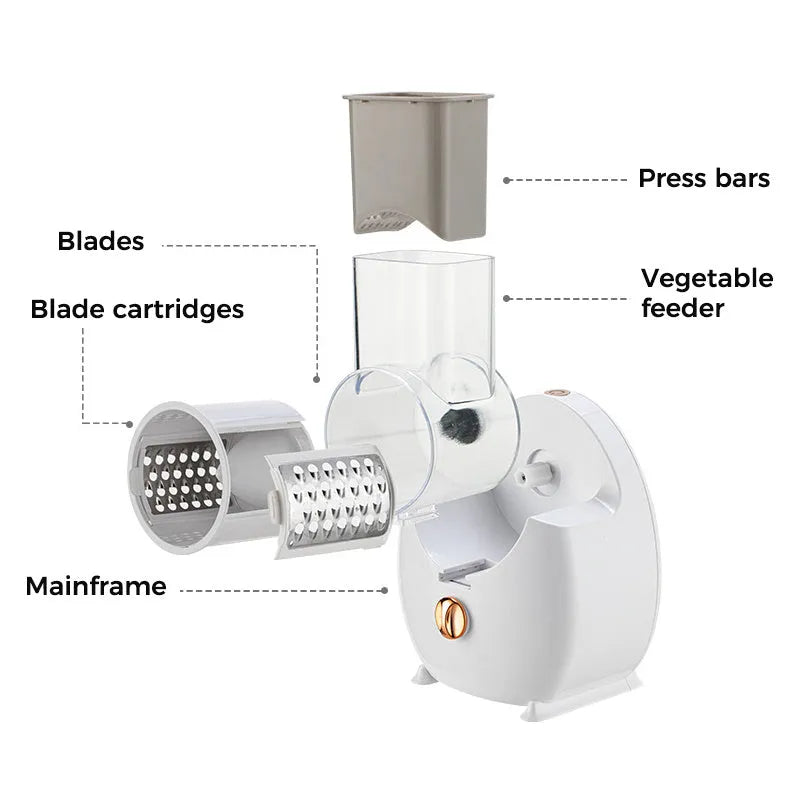 White electric vegetable slicer with suction base and interchangeable blades for potato carrot cutting