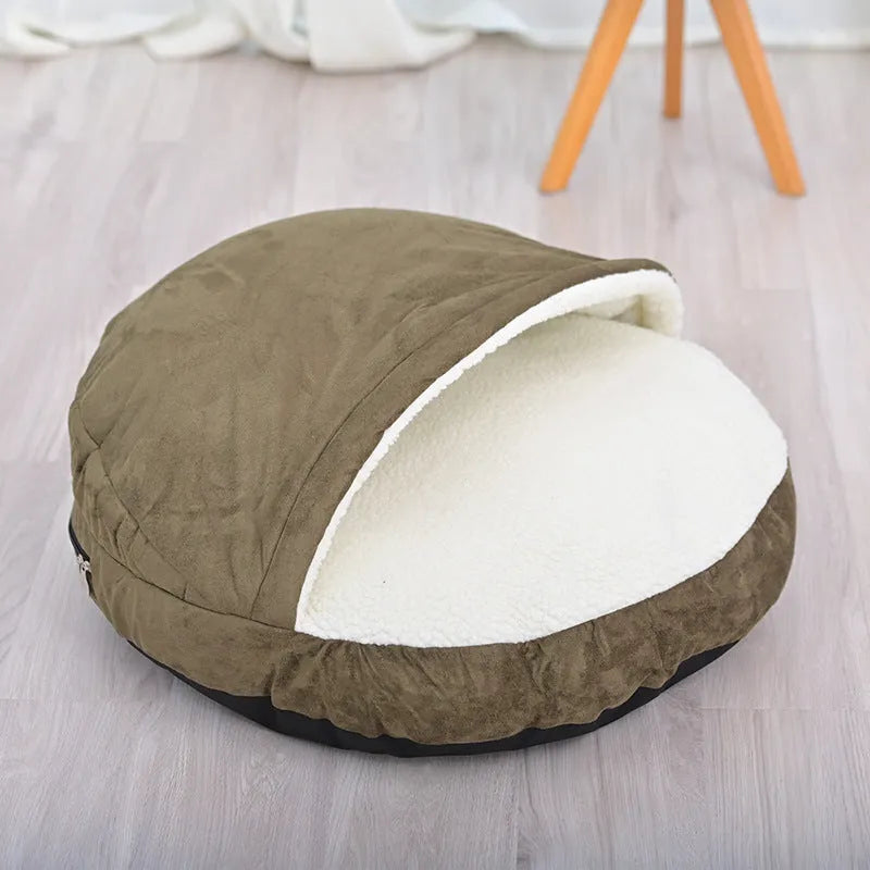 Brown cloth dog kennel with removable washable cover, shown next to a grey version.