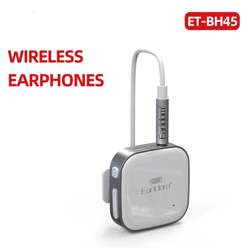 Black Bluetooth lavalier headset with microphone, showing wireless audio receiver unit.