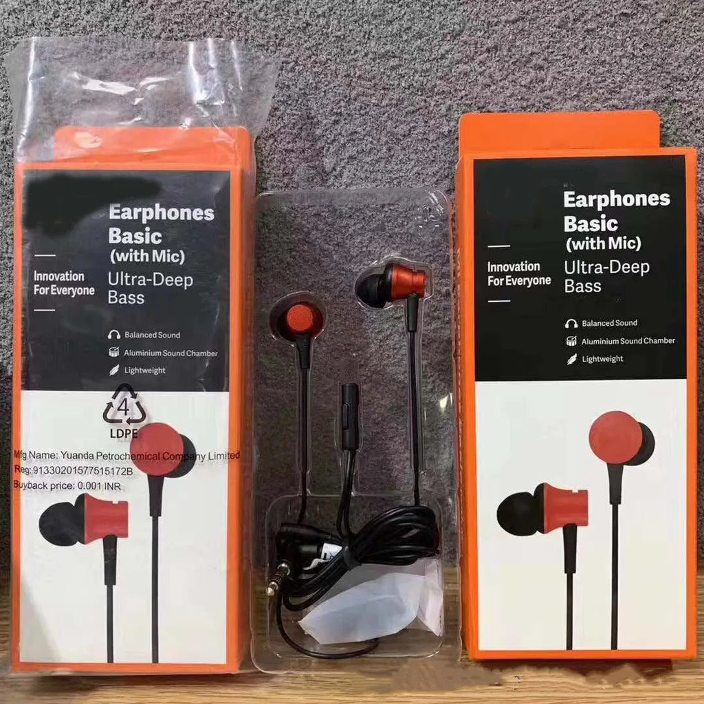 Piston-style wired in-ear headphones with 3.5mm jack in black, blue, and red colour options.