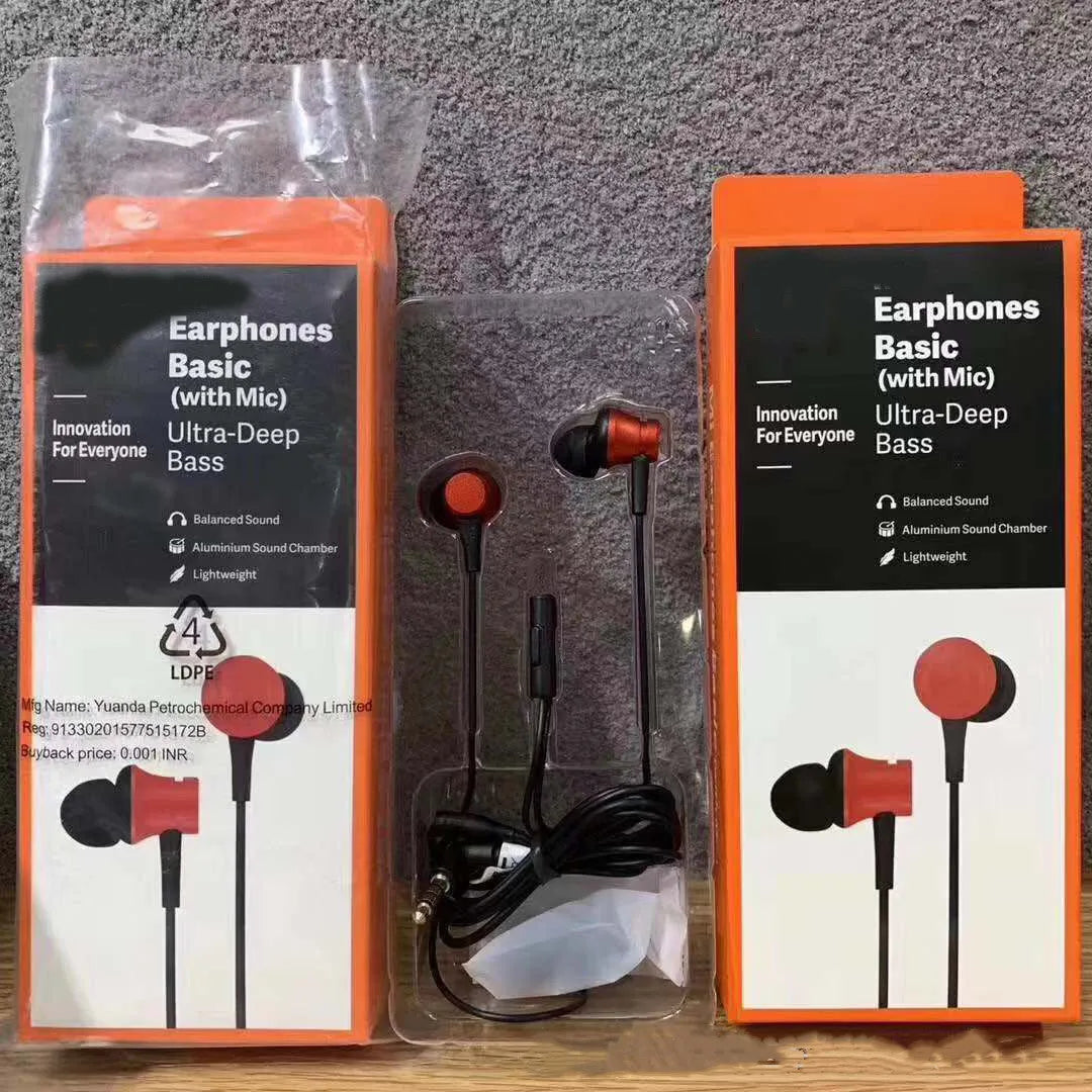Piston-style wired in-ear headphones with 3.5mm jack in black, blue, and red colour options.