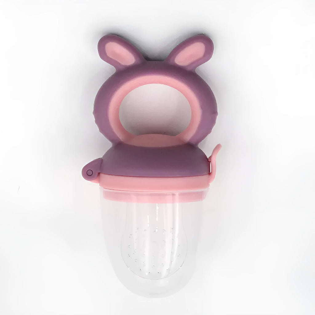 Baby Bite food grade silicone and PP teether set in blue, green, and pink with cartoon design, available in three sizes