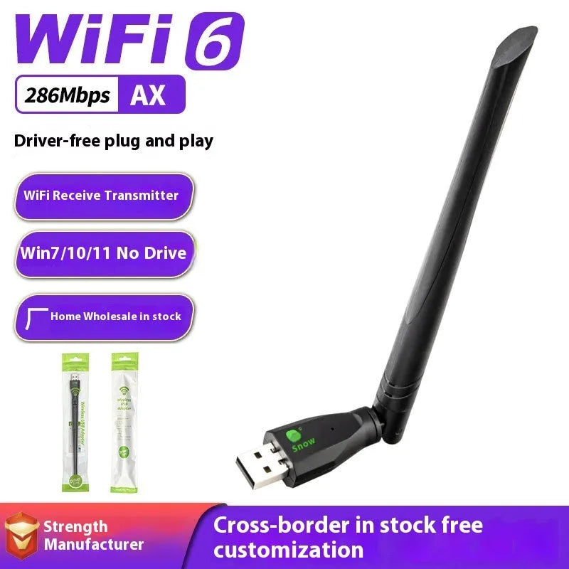 Black USB WiFi 6 wireless network card adapter on a white background.