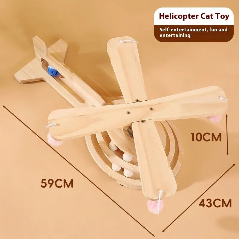 Solid wood cat scratch board toy with a rotating turntable and a ball, shown in a panda-themed design.