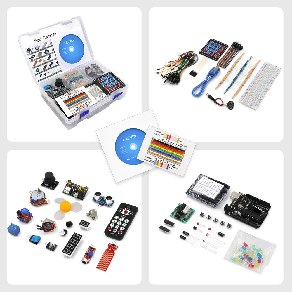 LAFVIN Arduino UNO R3 starter kit with blue board, breadboard, components, and CD