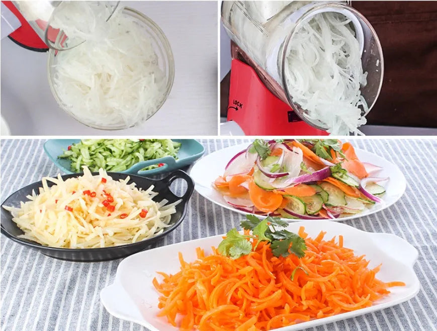 Blue round manual mandoline slicer with stainless steel blade for vegetables on a kitchen counter.