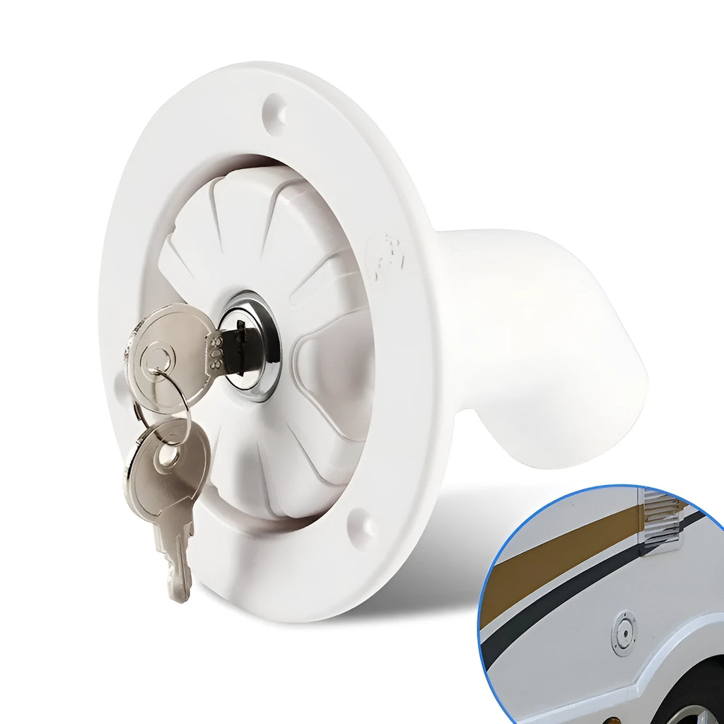 White RV gravity water filling port with 80mm hole size and 38mm pipe inner diameter mounted on panel