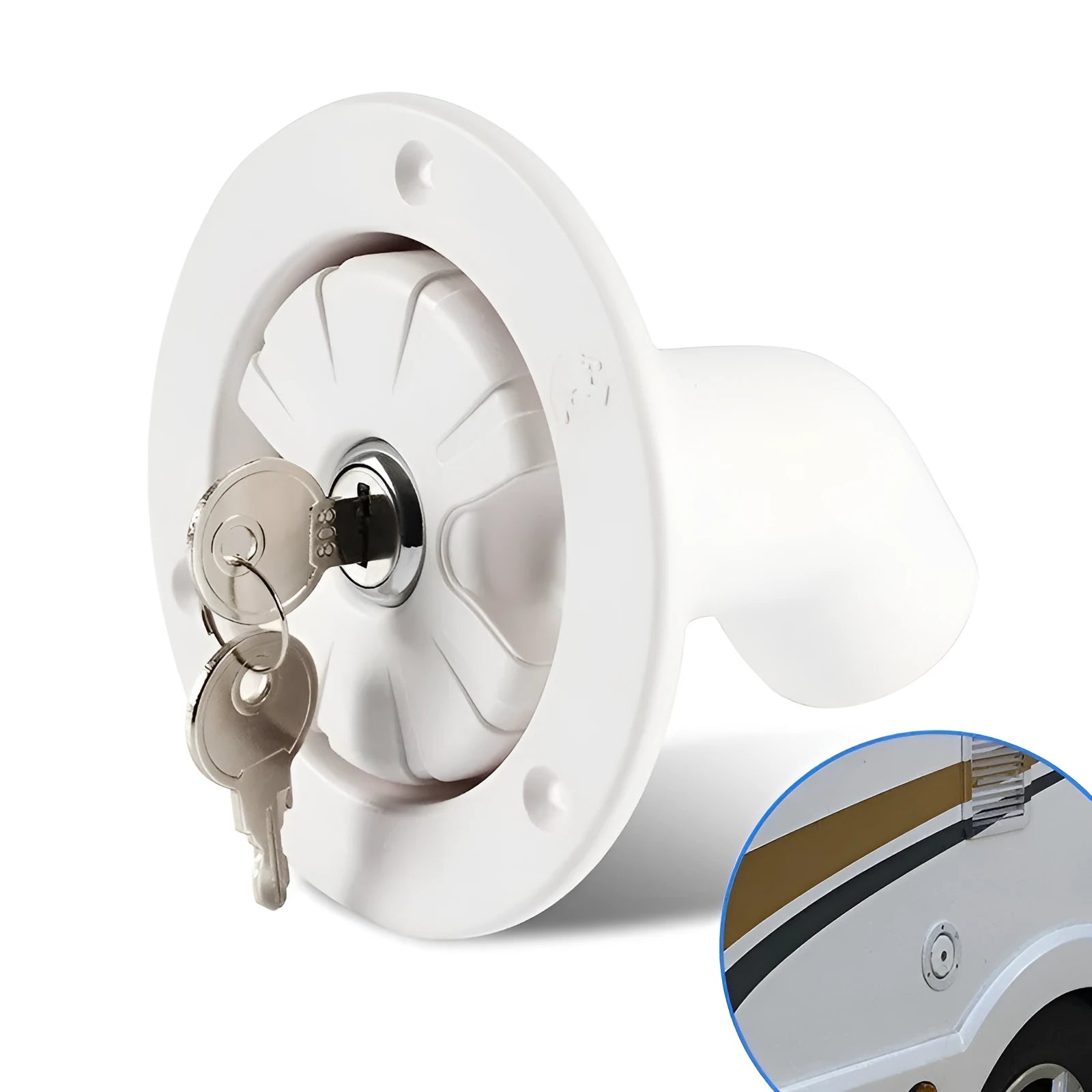 White RV gravity water filling port with 80mm hole size and 38mm pipe inner diameter mounted on panel