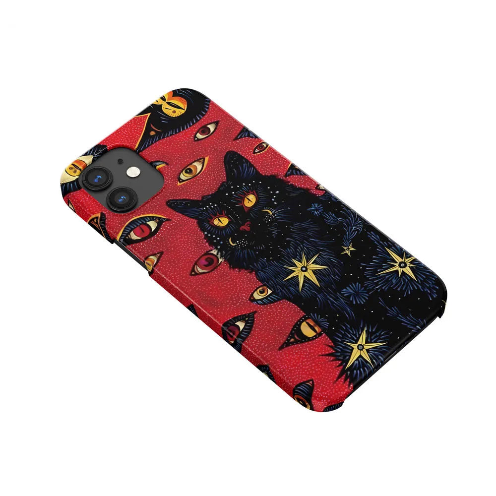 Retro cat eye design hard shell phone case for iPhone, shown in frosted and glossy finish options.