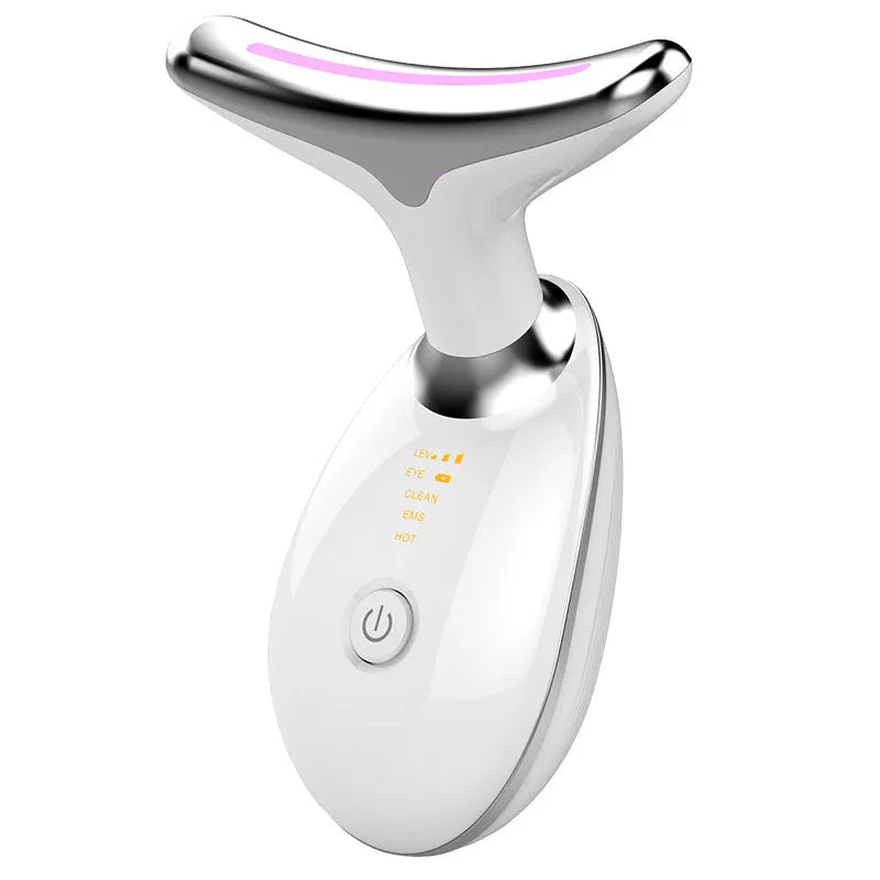 Black silver EMS neck massager with LED lights for skin tightening and wrinkle reduction