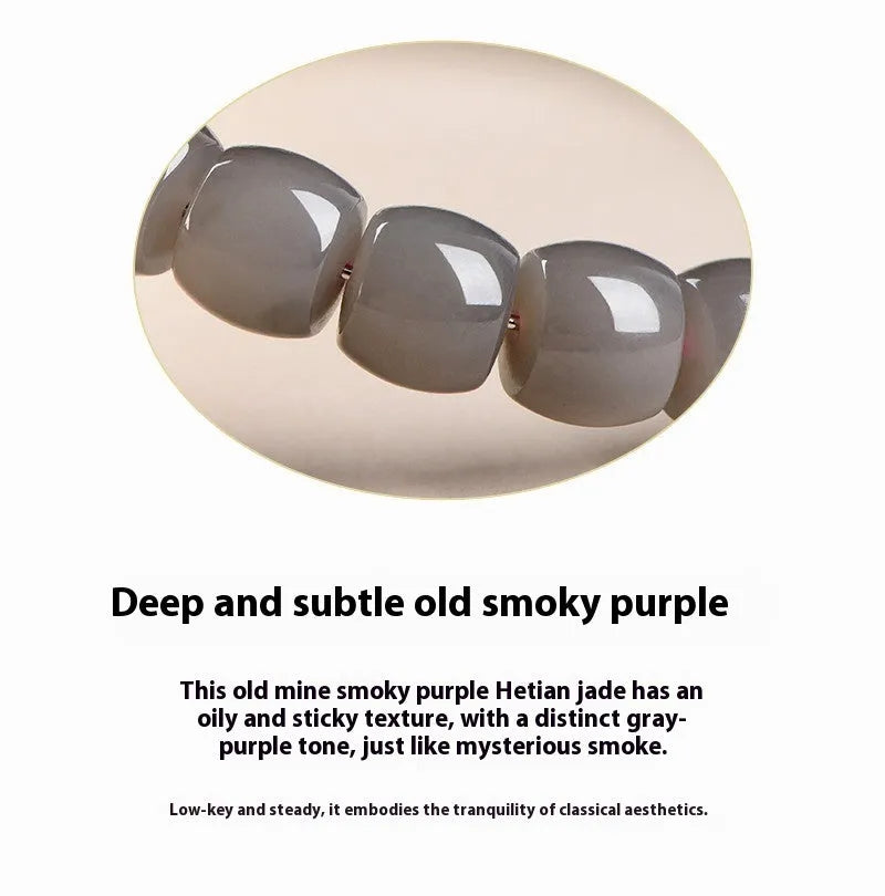 Straight cut smokey violet Hetian jade bracelet with approximately 24 beads, each measuring 8mm by 9mm.