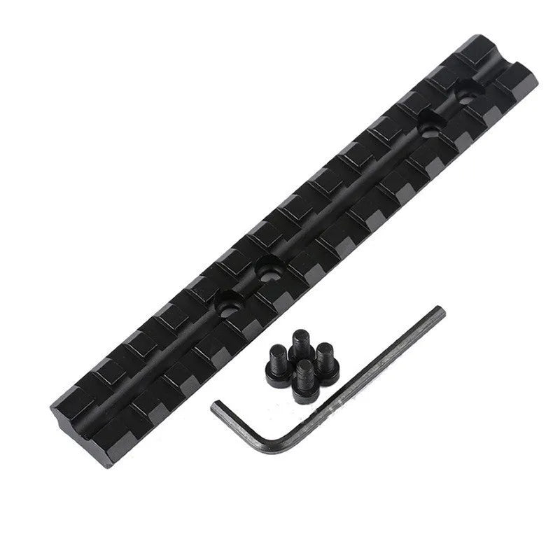 Black aluminium shotgun scope mount with 140mm rail, 13 slots, screws and Allen key for Mossberg 500