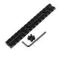 Black aluminium shotgun scope mount with 140mm rail, 13 slots, screws and Allen key for Mossberg 500