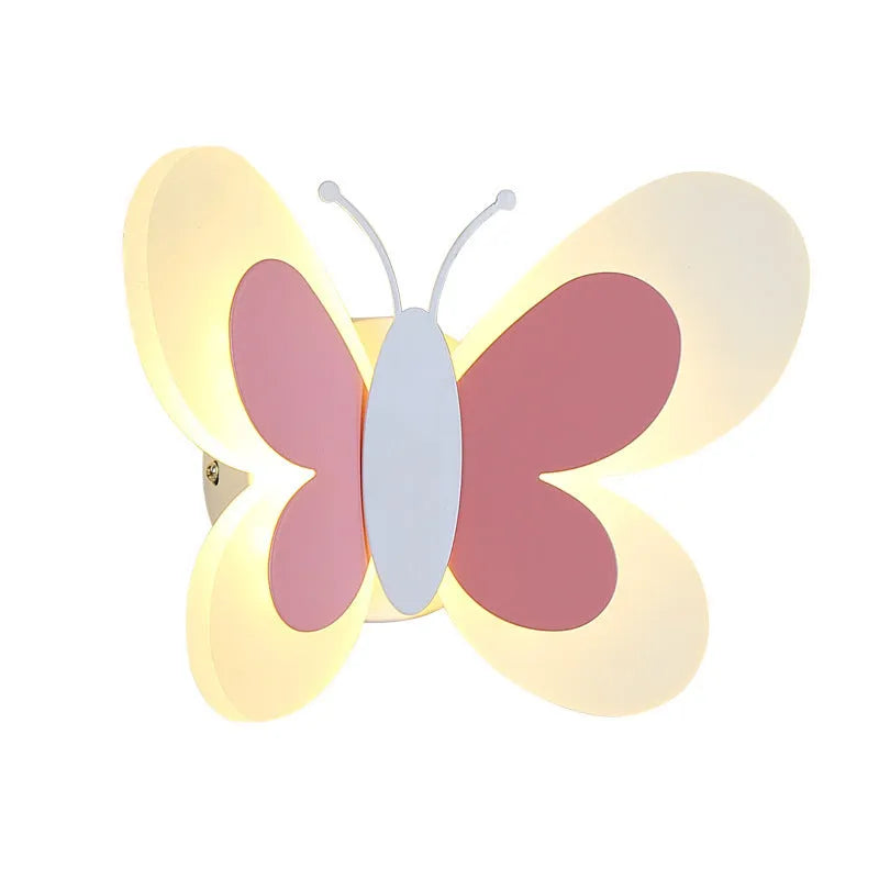Butterfly-shaped acrylic children bedroom wall lamp in white and pink, 240x170x105mm
