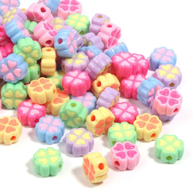 15mm frosted acrylic four-leaf clover love beads in mixed colours including pink, blue, and green